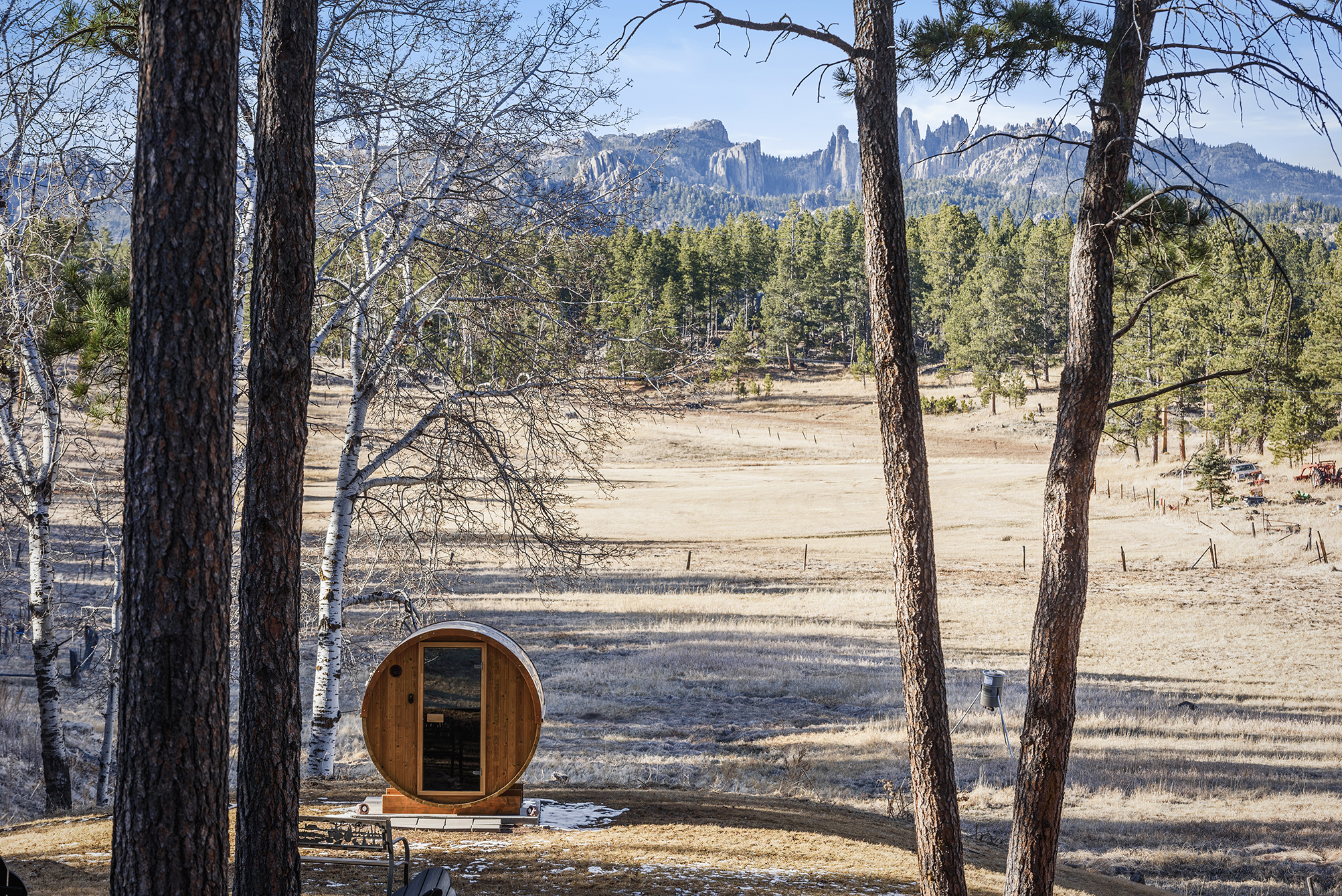 Revitalize and relax in the community sauna with stunning Needle Spires views